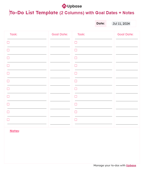 #8. To-do list template (two columns) with goal dates + notes