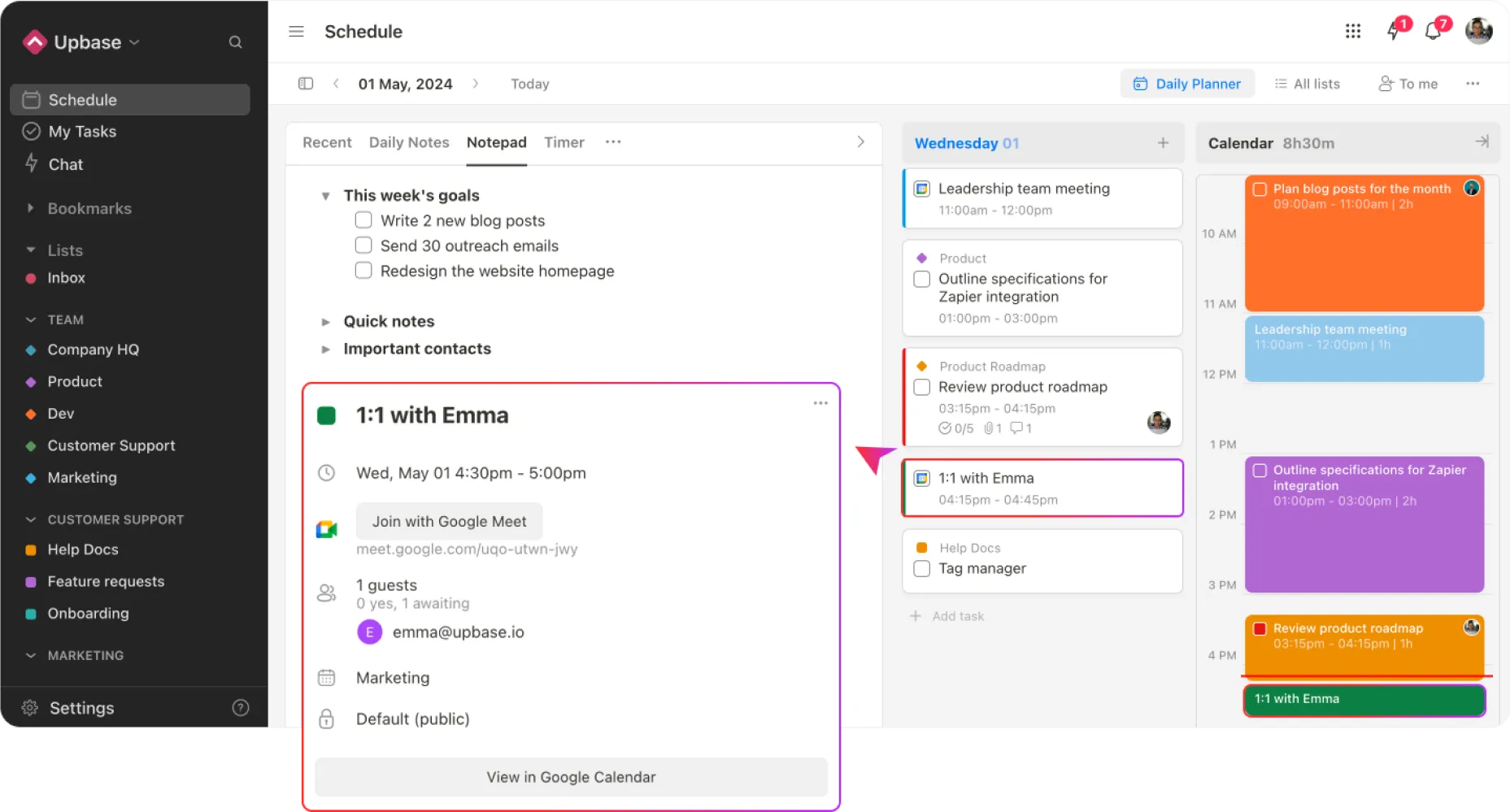 Upbase offers two-way sync with Google Calendar