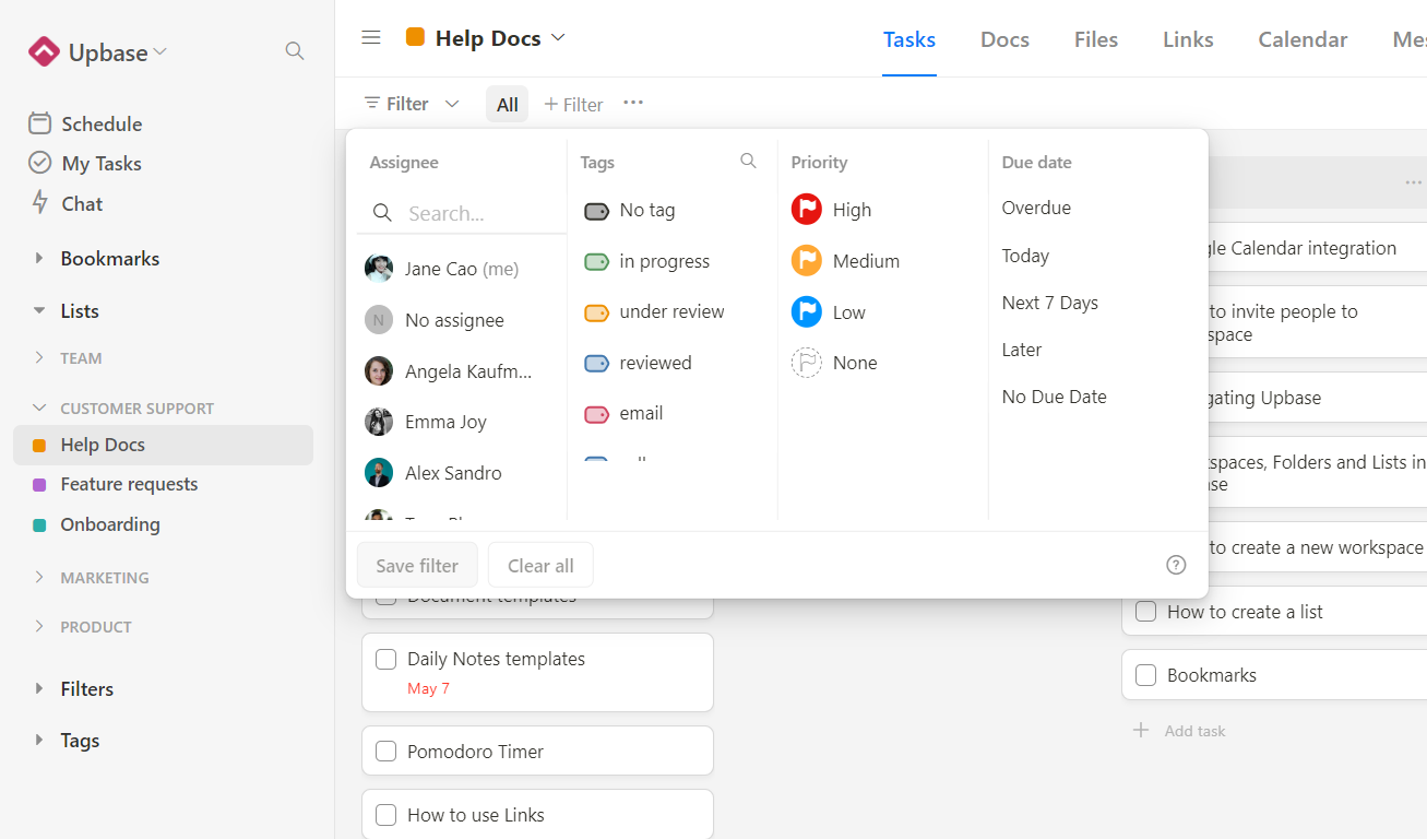 Upbase's custom filters help you focus on the tasks you want to focus on and hide everything else.